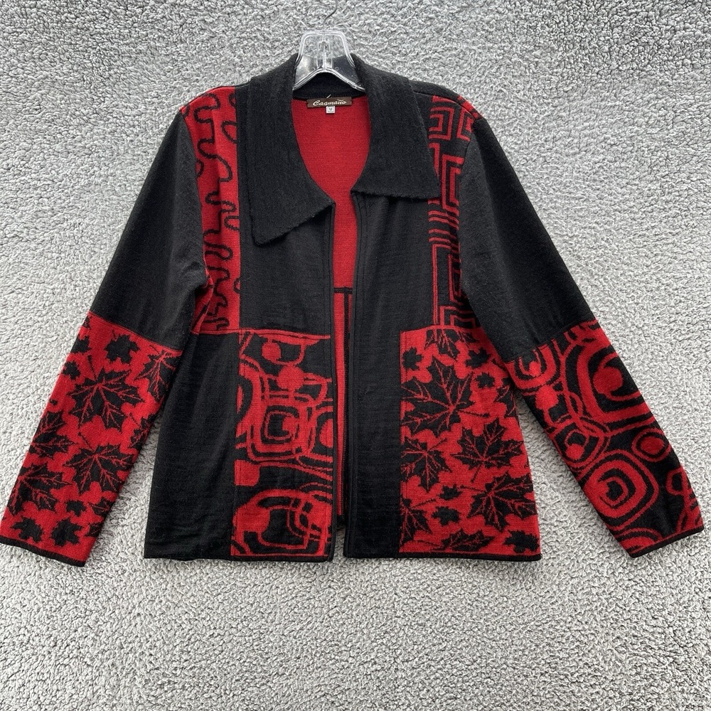 Caamano Sweater Womens Medium Black Red Alpaca Open Grandma Boho Art Cardigan